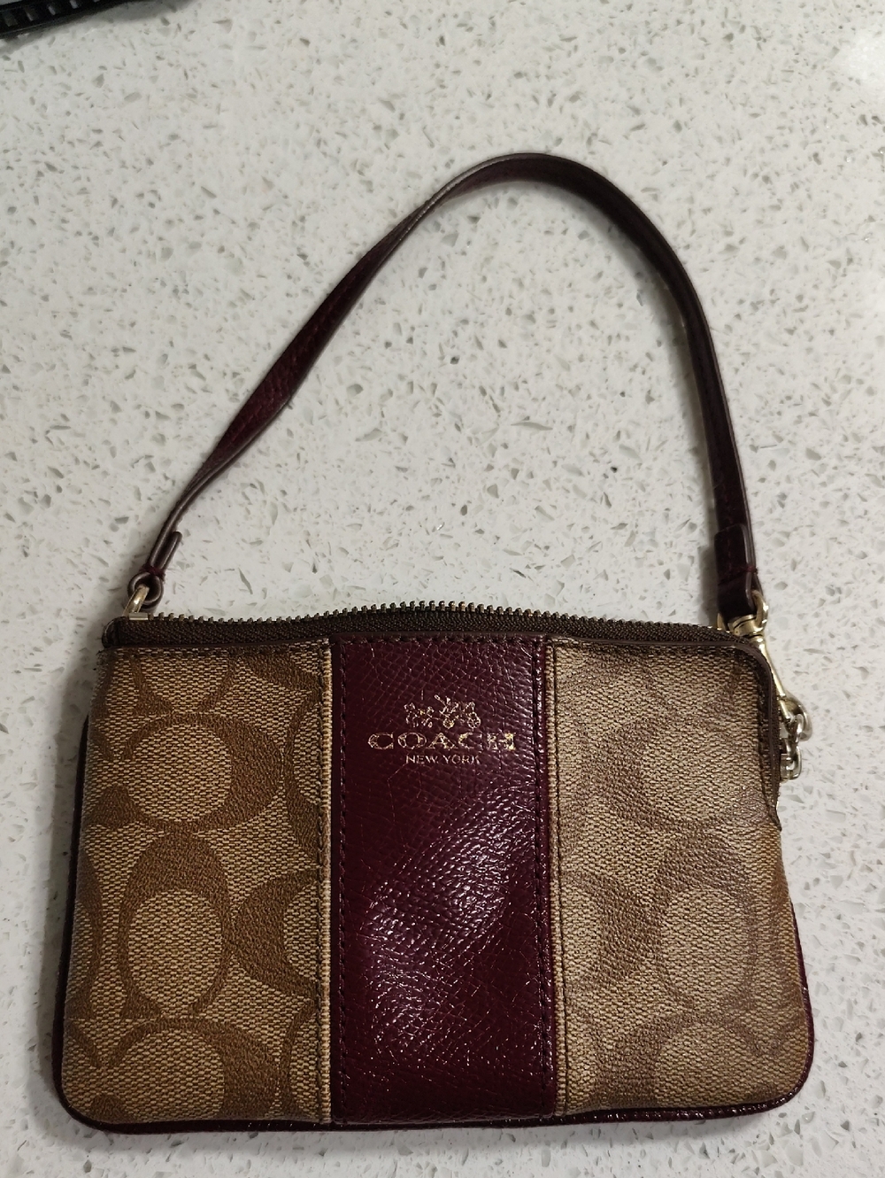 Coach Brown Signature Canvas Wristlet with Burgundy Trim